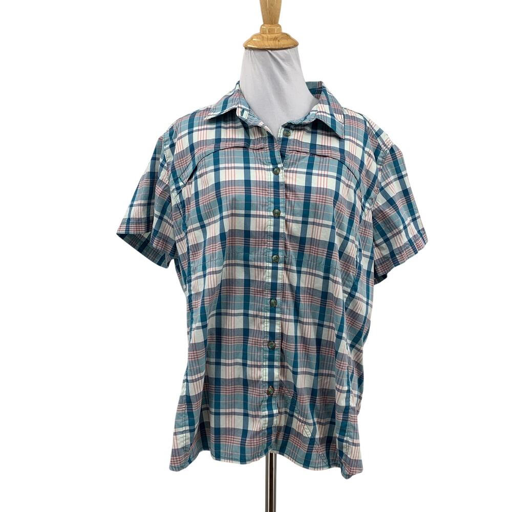 Orvis Shirt Womens XL Extra Large Teal White Plaid Vented Stretch Short Sleeve